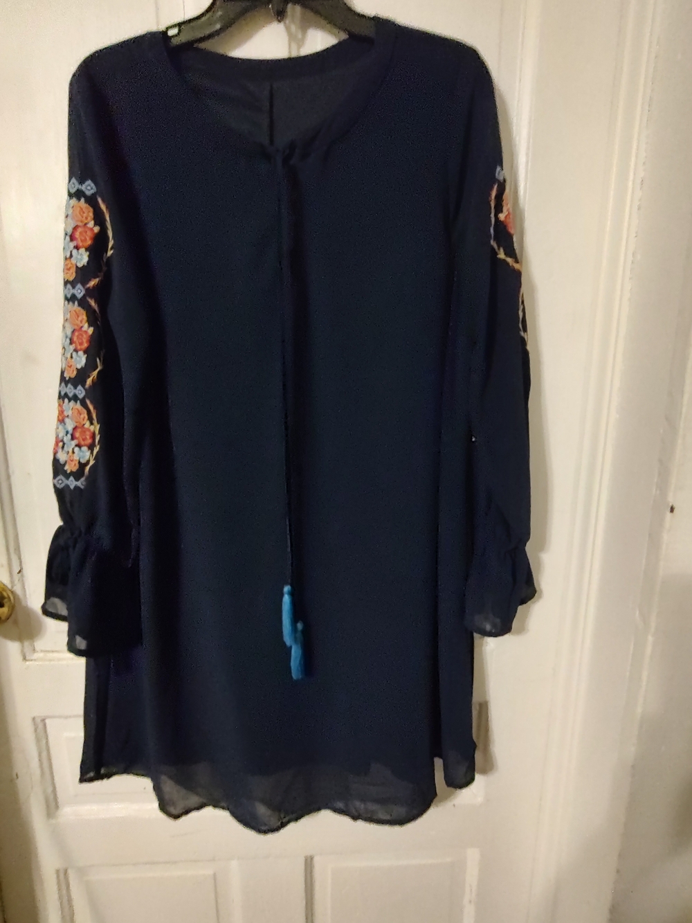 Navy Floral-Embroidered Long Sleeve Dress